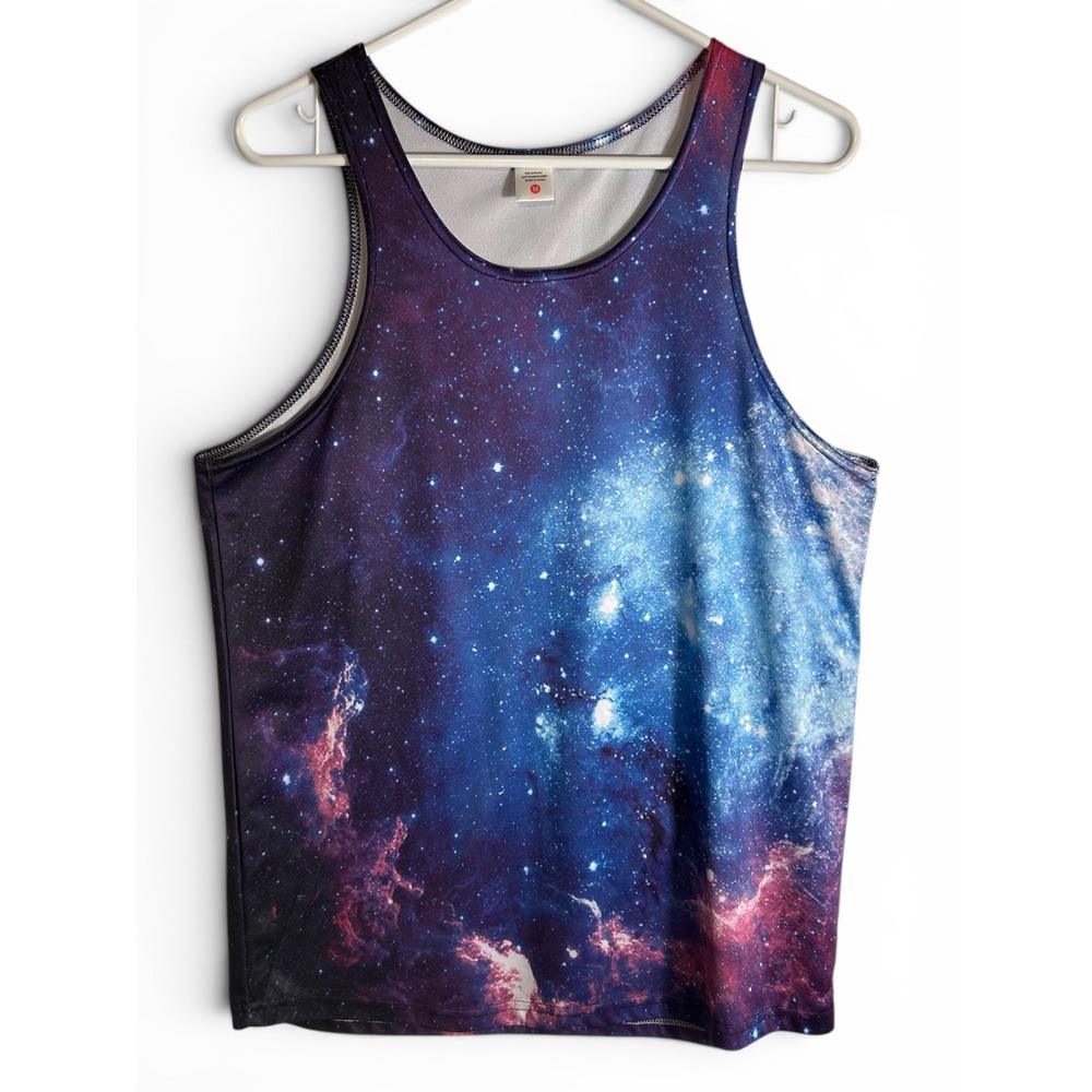 Galaxy Print Tank Top Mens Medium Purple Blue Space Nebula Cosmic Graphic Tee